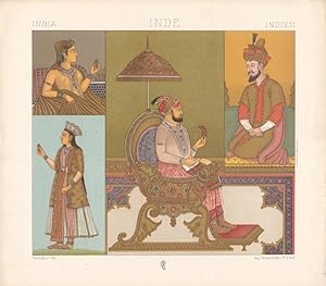 Indien Mongolische Kaiser und Frauen, altkolorierte Lithographie von 1888 von Chataignon aus Gesc...