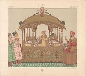 Indien tragbarer Thron der Mongolischen Kaiser, altkolorierte Lithographie von 1888 von Chataigno...