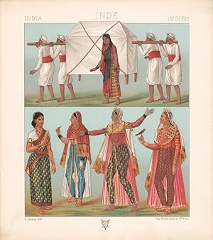 Indien, Frauentrachten, Fortbewegungsmittel, altkolorierte Lithographie von 1888 von L. Llanta au...