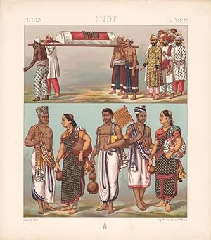 Indien, Hindus und Muselmänner, Die Brahmanen und ihre Frauen, altkolorierte Lithographie von 188...