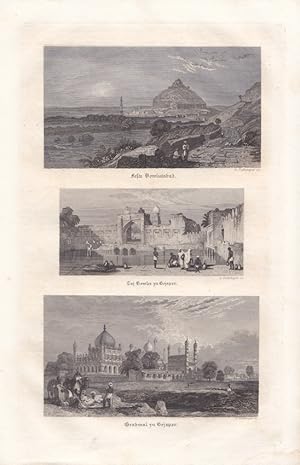 Feste Dowlutabad, Taj Bowlee zu Bejapor, Grabmal zu Bejapor, Stahlstich um 1840 von L. Zechmayer ...