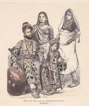 Fürst und Frau aus den Radschputana-Staaten, Hindufrau, altkolorierter Holzstich um 1875 aus "Zur...