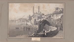 Varanasi, Benares, Kashi, Ganges, Stahlstich um 1845 nach Capt. R. Elliot, Blattgröße: 14,5 x 25 ...