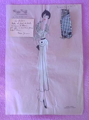 DIBUJO ORIGINAL Y MUESTRA DE MODA DE PRESIGIOSA Y SELECTA CASA MAGGY ROUFF 1935