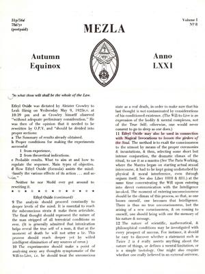 Bild des Verkufers fr MEZLA. Spring Equinox. Anno LXXI. Volume I, No. 8]. zum Verkauf von Occulte Buchhandlung "Inveha"