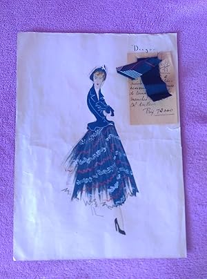 DIBUJO ORIGINAL Y MUESTRA DE MODA DE PRESIGIOSA Y SELECTA CASA MAGGY ROUFF 1935