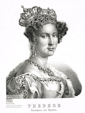 Therese. Koeniginn von Bayern. Brustbild von Therese Königin von Bayern nach viertelrechts mit Kr...