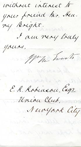 Imagen del vendedor de Manuscript Letter, in a secretarial hand, signed by Evarts ('Wm M. Evarts'), to E. R. Robinson of the Union Club, New York City. a la venta por Richard M. Ford Ltd