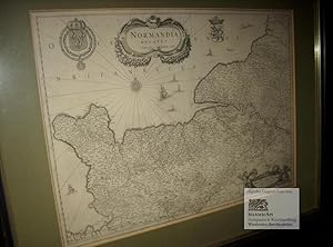 Bild des Verkufers fr Normandia ducatus. Antique Map. Normandie mit Titelkartusche, Segelschiffen und Meerungeheuern im Atlantik. Original-Kupferstich von Johann Janssonius um 1640 zum Verkauf von historicArt Antiquariat & Kunsthandlung