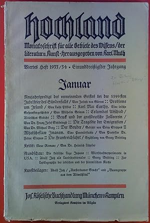 Bild des Verkufers fr Hochland. Monatsschrift fr alle Gebiete des Wissens, der Literatur und Kunst. Vierte Heft, 1933/34. Einunddreiigster Jahrgang. Januar. Neujahrspredigt des verneinenden Geistes bei der 5599sten Jubelfeier des Sndenfalls; Joseph von Grres: Probleme um Irland; ect. zum Verkauf von biblion2