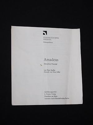 Bild des Verkufers fr Programmzettel Staatsschauspiel Dresden Schauspielhaus 1987/88. AMADEUS von Peter Shaffer. Regie: Piet Fischer, Bhnenbild/ Kostme: Helga Leue, musikal. Einrichtung: Jens-Uwe Gnther. Mit Justus Fritzsche (Salieri), Tom Pauls (Mozart), Susanne Bwe, Achim Schmidtchen, Alfred Woronetzki, Gerhard Vogt, Rolf Dietrich, Albrecht Goette, Janina Hartwig zum Verkauf von Fast alles Theater! Antiquariat fr die darstellenden Knste