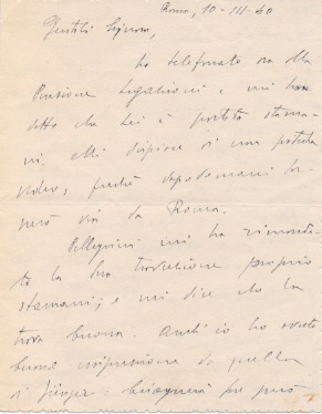 Lettera autografa firmata inviata a "Gentili Signori". Datata 10 marzo 1940.