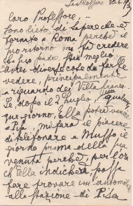 Lettera autografa firmata inviata ad un professore. Datata 30 giugno 1934 (1937?)