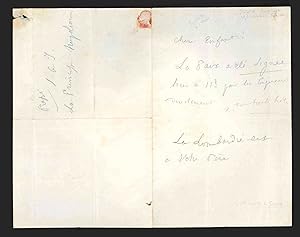 Breve lettera autografa firmata inviata alla principessa Clotilde di Savoia