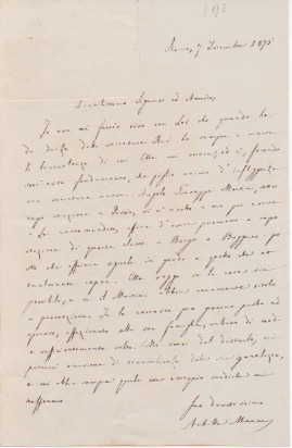 Lettera autografa firmata, datata 7 dicembre 1875 - Roma, inviata a un amico