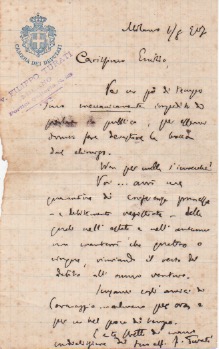 Lettera autografa firmata inviata a "Carissimo Enrico". Datata agosto 1907.