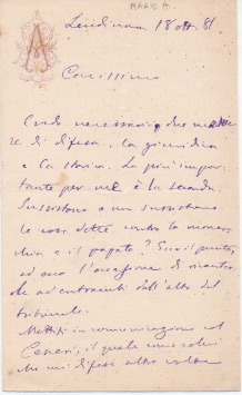 Lettera autografa firmata. Datata 18 ottobre 1881.