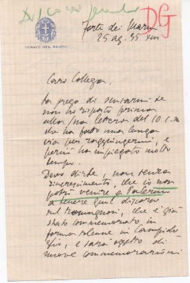Lettera autografa firmata, datata Forte dei Marmi 25 agosto 1935, indirizzata a «Caro Collega».