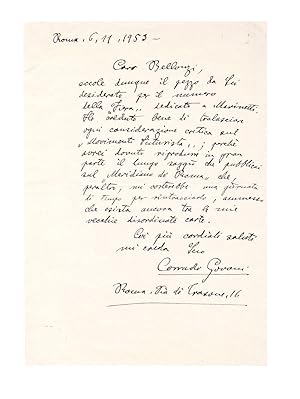 Lettera autografa firmata, datata 6 novembre 1953, inviata a Fortunato Bellonzi, a proposito dell...