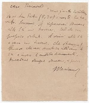 Biglietto postale autografo firmato inviato allo scrittore Giuseppe Raimondi