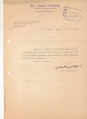 Lettera dattiloscritta con firma autografa, datata 11 gennaio 1951 - Roma, inviata ad Aldo Garzanti.