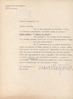 Lettera dattiloscritta con firma autografa, datata 15 settembre 1957 - Roma, inviata a [Roberto O...