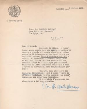 Lettera dattiloscritta con firma autografa, datata 6 aprile 1959 - Il Vittoriale, inviata a Rober...