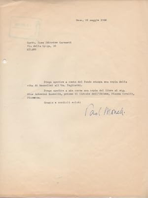 Lettera dattiloscritta con firma autografa, datata 32 maggio 1950, inviata a [Roberto Ortolani] -...