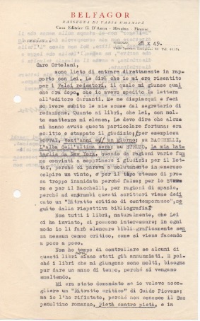 Lettera dattiloscritta con firma autografa, datata 28 ottobre 1949 - Firenze, inviata a Roberto O...