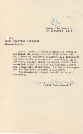 Lettera dattiloscritta con firma autografa, datata 27 dicembre 1949 - Roma, inviata alla Casa Edi...