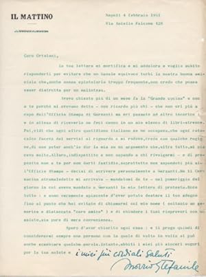 Lettera dattiloscritta con nota e firma autografa, datata 4 febbraio 1961 - Napoli, inviata a Rob...