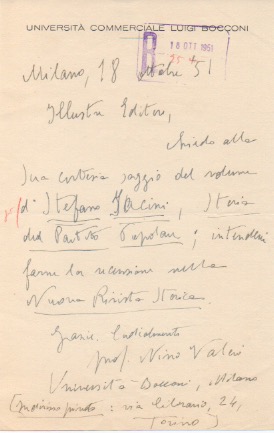 Lettera autografa firmata, datata 15 ottobre 1951 - Milano, inviata all'Editore Garzanti.