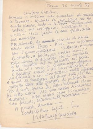 Lettera autografa firmata, datata 20 aprile 1959 - Roma, inviata a Roberto Ortolani.