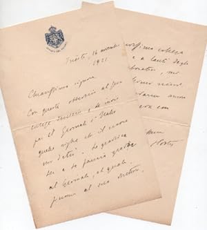 Bild des Verkufers fr Lettera autografa firmata, datata 16 novembre 1921 - Trieste. zum Verkauf von Libreria Antiquaria Pontremoli SRL