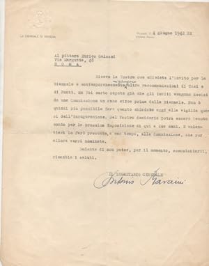 Lettera dattiloscritta con firma autografa, datata 4 giugno 1942 - Venezia, inviata al pittore En...
