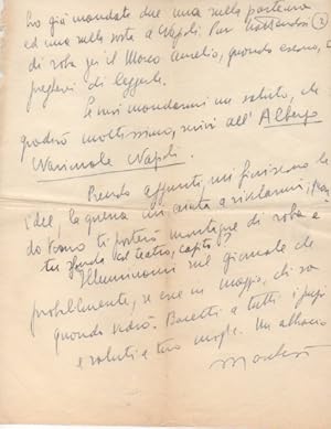 Lettera autografa firmata, datata 26 aprile 1942 - Napoli, inviata al giornalista e amico Giovann...