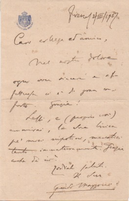 Lettera autografa firmata, datata 2 marzo 1927 - Firenze, inviata a [Diego Garoglio].