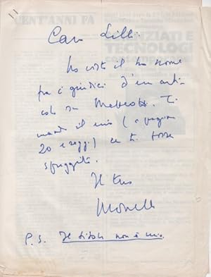 Breve lettera autografa firmata, non datata [ma giugno 1974], inviata al giornalista Virgilio Lilli