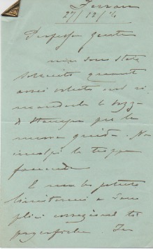 Lettera autografa firmata, datata 27 dicembre 1914 - Ferrara.