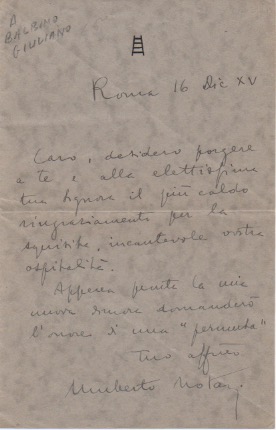 Imagen del vendedor de Breve lettera autografa firmata. Datata 16 dicembre 1937. a la venta por Libreria Antiquaria Pontremoli SRL