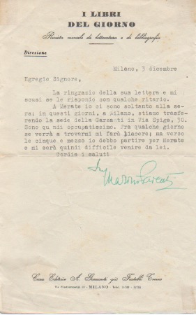 Lettera dattiloscritta con firma autografa, datata 3 dicembre s.a.