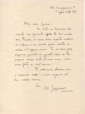 Lettera autografa firmata, datata 7 luglio 1938, inviata all'amico Lucio [D'Ambra]