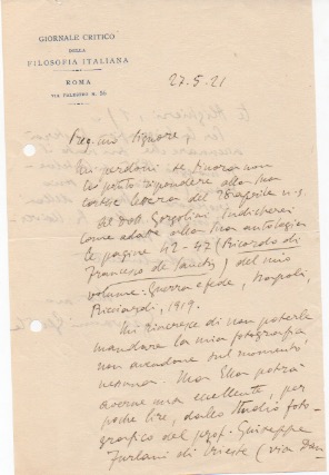 Lettera autografa firmata, datata 27 maggio 1921 - [Roma].