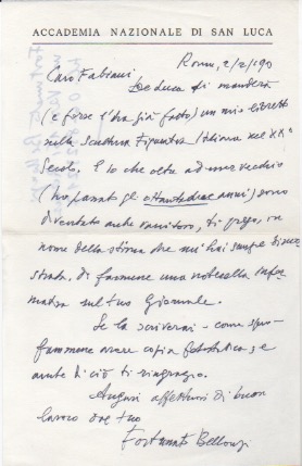 Breve lettera autografa firmata inviata al poeta e giornalista Enzo Fabiani. Datata 2 febbraio 1990