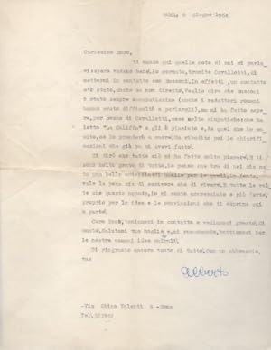 Lettera dattiloscritta con firma autografa inviata al poeta e giornalista Enzo Fabiani. Datata 6 ...