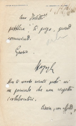 Breve lettera autografa firmata, senza data, inviata a "Caro Ioletti"