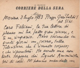 Biglietto autografo firmato inviato al poeta e giornalista Enzo Fabiani. Datato 3 luglio 1953