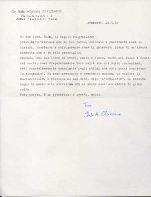 Lettera dattiloscritta con firma autografa inviata al poeta e giornalista Enzo Fabiani. Datata 10...