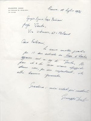Lettera autografa firmata inviata al poeta e giornalista Enzo Fabiani. Datata 18 luglio 1972.