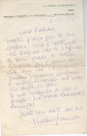 Lettera autografa firmata inviata al poeta e giornalista Enzo Fabiani. Datata 6 maggio 1955